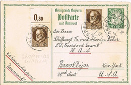 Ganzsache Antwortkarte 5 Pfg. BAYERN Mit Zfr. Von Obernzell Nach Brooklyn New York Via Dänemark, 17.10.1914 - Bavaria
