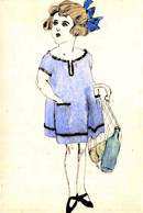 14755 -  PETITE FILLE ALLANT AU MARCHé  -    -  ART  DECO   SUPERBE DESSIN  AQUARELLE  8 X 12  Cm - Dibujos