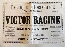 RARE PUB SUR PAPIER - 1907 - FABRIQUE D'HORLOGERIE - VICTOR RACINE - BESANCON - DOUBS - VINTAGE - Sonstige & Ohne Zuordnung
