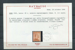 EGEO LERO 1921 20 C. SASSONE N. 11 ** MNH CERT. RAYBAUDI - Ägäis (Lero)