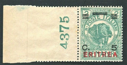 ERITREA 1924 5 C. SU 2 B SOPRAST. SPOSTATA SASSONE 81i NUMERO DI TAVOLA ** MNH - Erythrée