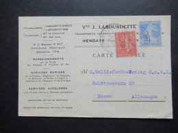 Frankreich 1930 Säerin MiF Firmen PK J. Labourdette Transports International Versand Nach Spanien / Appareil Dublicateur - Cartas & Documentos