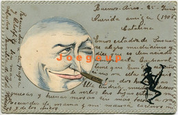 Ilustrated Postcard Art Embossed The Moon Smoking And Shadow Joker Dancing 1908 - 1900-1949