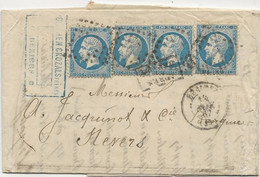 LETTRE AFFRANCHIE A 80 CENTIMES AVEC 4 EXEMPLAIRES N° 22 -CAD BEZIERS 1887 TB - 1862 Napoléon III.