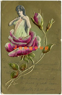 Colored Postcard Art Golden Embossed Portrait Young Woman In Flower 1906 - Femmes