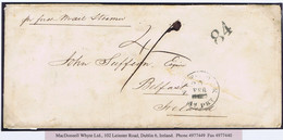 Ireland Transatlantic Maritime Belfast 1864 Long Cover Posted Unpaid NEW-YORK AM PKT Charged Quadruple "4/-" Black 84 - Prefilatelia
