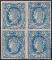 1866-173 CUBA ANTILLAS 1866 ISABEL II 10c BLOCK 4 SIN GOMA Y BUEN CENTRAJE. - Préphilatélie