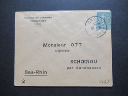 Frankreich Elsass 1919 Umschlag Alsace Et Lorraine Stempel K1 Gross - Tenquin Nach Schoenau Par Sundhausen - Covers & Documents