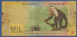 COSTA RICA - P.276a – 5.000 Colones 2009  Circulated  Serie A006206072 - Costa Rica