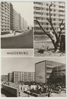 Magdeburg Nord, Schwarz-weiß Mehrbildkarte 1979, 2 Scans, Salvador-Allende-Straße, -Oberschule, Pablo-Neruda-Oberschule - Magdeburg