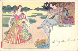 Illustrateur Lessieux Art Nouveau 1900 Renaissance Belle Dame Et Ménestrel  Carte Précurseur - Lessieux