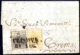 Cover 1850, 5 Cent. "giallo Limone Verdastro" + 10 Grigio Nero, Emtrambi Prima Tiratura, Su Piccolissima Lettera Da Crem - Lombardo-Veneto