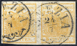 O/pair 1850, Coppia Del 5 Cent. Giallo Arancio  Annullato Con Due CO VENEZIA 24.7., Cert. Steiner, Sass. 1g, ANK. 1b / 4 - Lombardo-Veneto