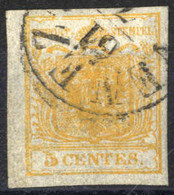 O 1850, 5 Cent. Giallo Arancio, Randdruck A Sinistra, Cert. Goller (Sass. 1g) - Lombardo-Veneto