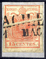 Piece 1850, "Pieghe Di Carta", 15 Cent. Primo Tipo, Bordo Di Foglio In Alto Con Vistosa Piega Verticale (Sass. 3) - Lombardo-Veneto
