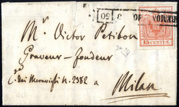 Cover 1850, "Pieghe Di Carta", 15 Cent. Rosso, Prima Tiratura, Su Lettera Da Bergamo 10.8.1850 Per Milano, Firm. E. Dien - Lombardije-Venetië