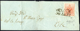 Cover 1850, "Pieghe Di Carta", 15 Cent. Rosso, Prima Tiratura, Con Piega Diagonale Di Arriccciamento Su Lettera Da Venez - Lombardo-Veneto