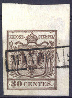 O 1850, 30 Cent. Bruno Scuro, Angolo Di Foglio 9,5 X 4,5mm, Minimo Assottigliamento In Alto A Destra, Cert. Steiner (S.  - Lombardo-Veneto