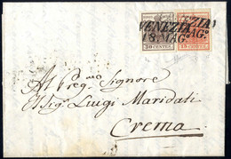 Cover 1850, 15 Cent. Rosso Vermiglio, Carta Costolata - Secondo Tipo, Più 30 Cent. Bruno Grigiastro Su Lettera Da Venezi - Lombardije-Venetië