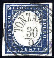 O "TONZANICO 30 / 9", Annullo C3 Su 20 Cent., IV Emissione Di Sardegna, Splendido (Sass. 11P.) - Lombardo-Veneto