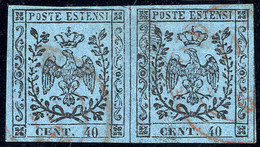 O 1852, Coppia Orizzontale Del 40 C. Celeste Annullato In Rosso Con Bollo Di Modena, Certificato Enzo Diena, Sass. 5 / 5 - Modena