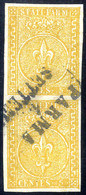 O 1853/55, 5 Cent. Giallo Arancio, Coppia Verticale Usata A Parma, Grandi Margini, Lusso (Sass. 6 / 2850,-) - Parma