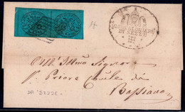 Cover 1867, 5 Cent. Azzurro Verdastro, Coppia, Bordo Di Foglio, Su Lettera Da Sezze Per Bassiano, Splendida, Firm. A. Di - Kirchenstaaten