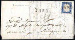 Cover "FANO", Annullo SD Su 20 Cent. Cobalto Grigio, Sardegna, Su Lettera Del 2.1.1861 Per Sangiusto, Tassa "2" Sul Fron - Stato Pontificio