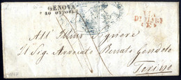 Cover 1847, Lettera Da Napoli Coi Vapori Napoletani Il 10.10 Via Genova Per Torino, Bollo "VIA/DI MARE/(E)" Rosso, Tassa - Sardinien