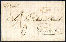 Cover 1849, Lettera Da Livorno Col Vapore "Dante" Il 12.3 Per Genova, Bollo "VIA/DI MARE" Rosso, Tassata 6 Dec. - Sardegna