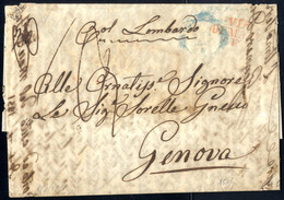 Cover 1851, Lettera Da Napoli Col Vapore "Lombardo" Il 5.3 Per Genova, Bollo "VIA/DI MARE" Rosso, 4 Pagine Con Scritta A - Sardegna