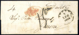 Cover 1852, Lettera Da Livorno Col Vapore "Dante" Il 9.7 Per Genova, Bollo "VIA/DI MARE/(E)" Rosso, Tassata 15 Dec. - Sardinien