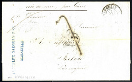 Cover 1853, Lettera Da Marsiglia Col Vapore "Languedoc" Il 12.5 "via Di Mare Par Genev" Per Intra, Sul Verso 5 Bolli Di  - Sardinien