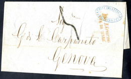 Cover 1859, Lettera Del 23.10 Da Livorno Per Genova Con Bollo In Rosso "Da Livorno / VIA DI MARE", Tassata 5 Dec. - Sardinien