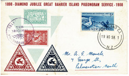 New Zealand 1958 Great Barrier Island Pigeongram Service Diamond Jubilee Souvenir Cover - Cartas & Documentos