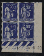 FRANCE  Coin Daté ** Type Paix  90c Bleu  24.3.39 N° Yvert 368  Neuf Sans Charnière CD - 1930-1939