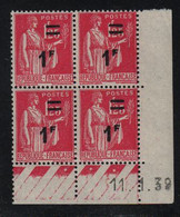 FRANCE  Coin Daté ** Type Paix  1f25 Surchargé 1F  Carmin 11.1.39 N° Yvert 483  Neuf Sans Charnière CD - 1930-1939