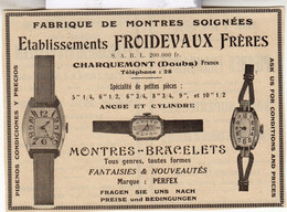 RARE PUB SUR PAPIER - 1907 - ETABLISSEMENTS FROIDEVAUX FRERES - CHARQUEMONT - DOUBS - MONTRES - BRACELETS - VINTAGE - Montres Anciennes