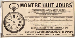 RARE PUB SUR PAPIER - 1907 - MONTRE HUIT JOURS - LOUIS BRANDT & FRERES - 17 RUBIS - PARIS - VINTAGE - Montres Anciennes