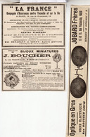 3 RARES PUBS SUR PAPIER - 1907 - BIJOUX MINIATURES - J. BOUCHER - OPTIQUE JOBARD - PARIS - ASSURANCES LA FRANCE - Montres Anciennes