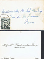 Ancienne Carte De Visite De Mr & Mme Vandermeulen-Bruyr, Ligny Adressée à Melle Rachel Bauloye, Fleurus (1954) - Visitekaartjes