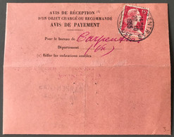 France N°1011 Sur Avis De Réception TAD Carpentras, Vaucluse 20.10.1955 - (C1298) - 1921-1960: Moderne