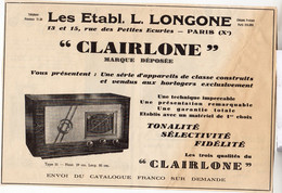 RARE PUB SUR PAPIER - 1930 - ETABLISSEMENTS L. LONGONE - CLAIRLONE - PARIS - Clocks