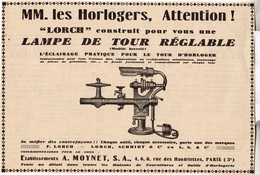 RARE PUB SUR PAPIER - 1927 - LAMPE DE TOUR REGLABLE LORCH - HORLOGERS - ETABLI. A. MOYNET -  PARIS - Matériel