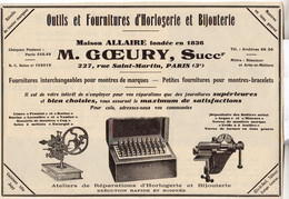 RARE PUB SUR PAPIER - 1927 - OUTILS ET FOURNITURES HORLOGERIE BIJOUTERIE - MAISON ALLAIRE - M. GOEURY - PARIS - Zubehör