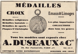 RARE PUB SUR PAPIER - 1927 - MEDAILLES RELIGIEUSES SPORTS FANTAISIES CROIX - EMAUX DE LIMOGES - A. DUSEAUX & CIE - PARIS - Pendenti