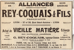 RARE PUB SUR PAPIER - 1927 - ALLIANCES - CHAINES OR - REY-COQUAIS & FILS FABRICANTS - PARIS - MARSEILLE - ALGER ... - Rings