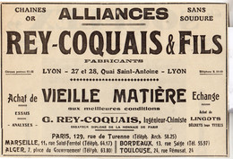 RARE PUB SUR PAPIER - 1927 - ALLIANCES - CHAINES OR - REY-COQUAIS & FILS FABRICANTS - PARIS - MARSEILLE - ALGER ... - Bagues