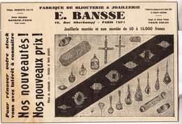 RARE PUB SUR PAPIER - 1927 - FABRIQUE DE BIJOUTERIE ET JOAILLERIE - E. BANSSE - PARIS - Ring