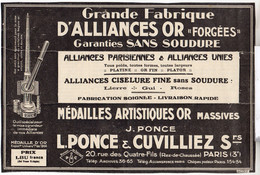 RARE PUB SUR PAPIER - 1927 - GRANDE FABRIQUE D'ALLIANCE OR FORGÉES GARANTIES SANS SOUDURE - L. PONCE & CUVILLIEZ - PARIS - Rings